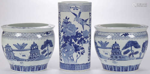 THREE CHINESE BLUE AND WHITE JARDINIERES