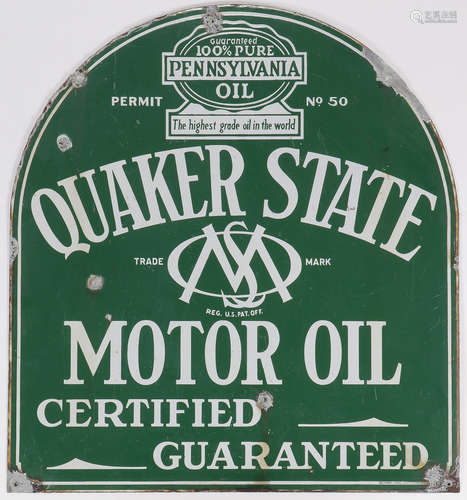 QUAKER STATE MOTOR OIL TOMBSTONE ENAMEL SIGN