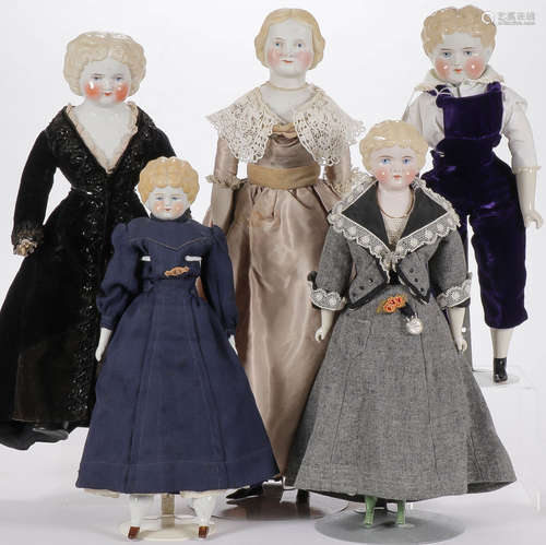 5 BLONDE CHINA HEAD DOLLS INCL 1 BISQUE 19TH C