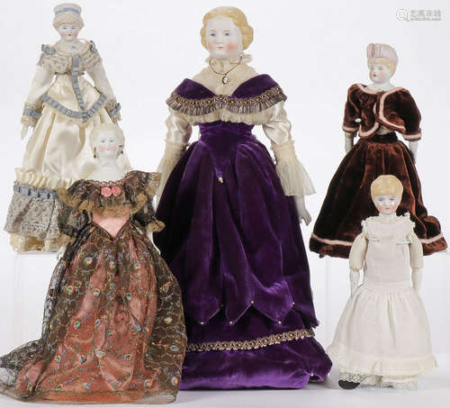 5 BLONDE PARIAN & CHINA DOLLS C 1870-90