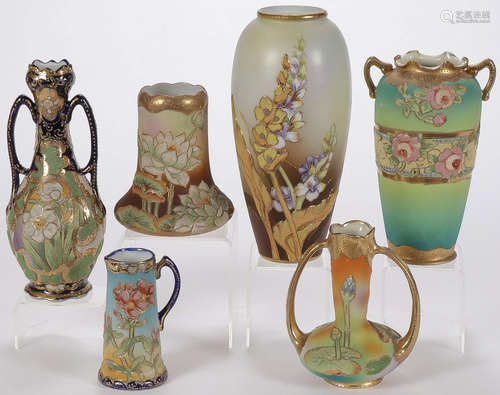 SIX NIPPON CORALENE VASES