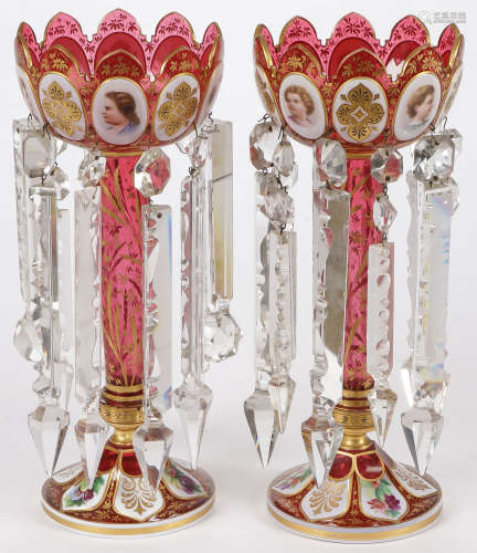 PR OF LARGE RUBY CASED GLASS LUSTERS