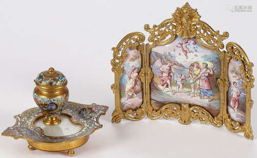 FRENCH ENAMELED TRIPTYCH & INK STAND