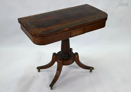 A Regency brass fret cut inlaid rosewood card table