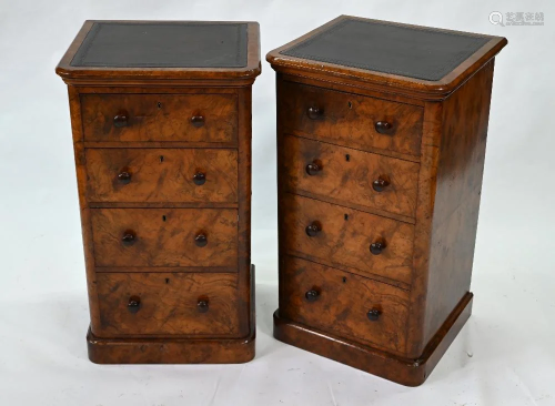 A pair of Victorian leather top burr walnut four drawer
