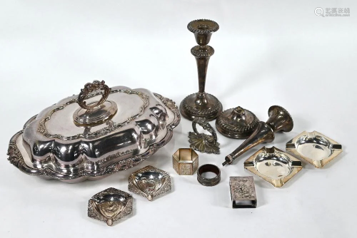 Silver ashtrays and various white metal, plate, etc.