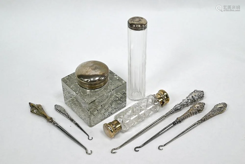 Silver-topped inkwell, toothbrush jar, scent flask and