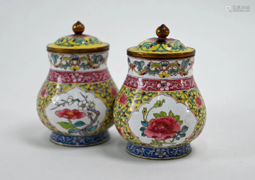 Two Chinese Canton enamel small jars with covers, late