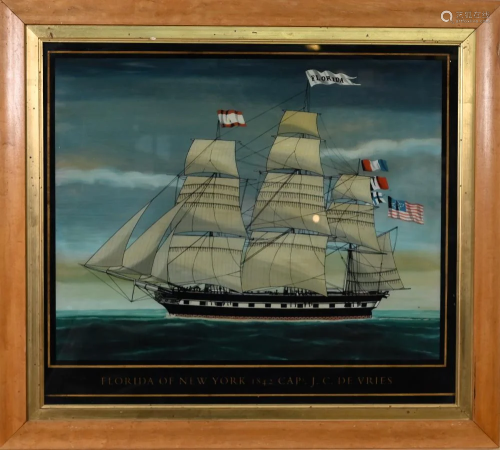 Study of a clipper, reverse painted on glass