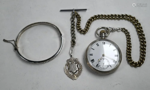 Silver pocket watch on ep chain, with silver bangle