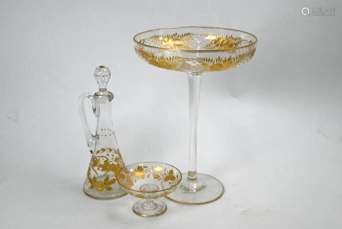 French gilt-incised comport, bottle and stemmed dish