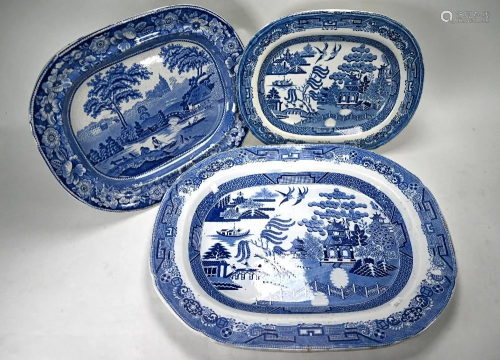 Three 19th Century blue & white meat dishes