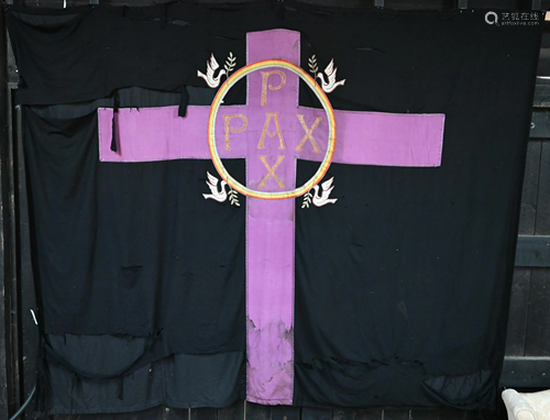 A large black Holy ecclesiastical altar cloth depicting