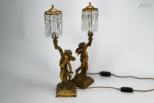 Two gilt plaster cherub lustre lamps