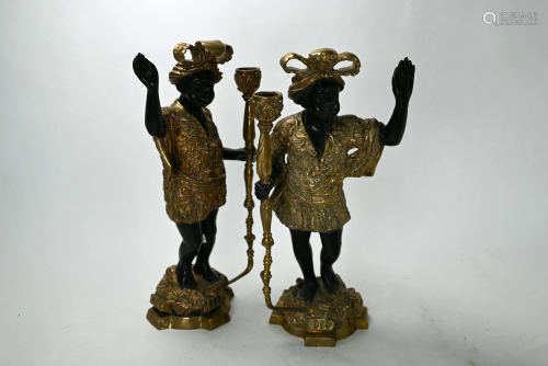 A pair of bronze candlesticks, modelled as