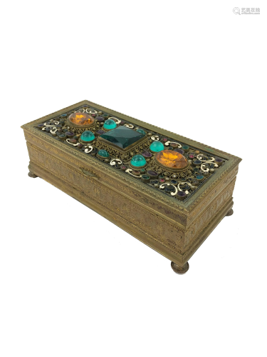 Antique bronze box with enamel and semiprecious stones.
