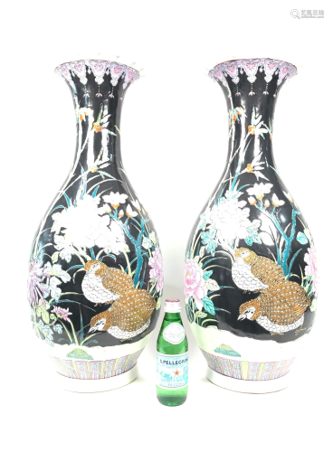 Pair of Green Chinese Hand Painted Porcelain Vases