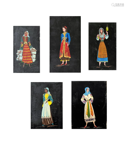 Five Vintage Design Costume Paintings