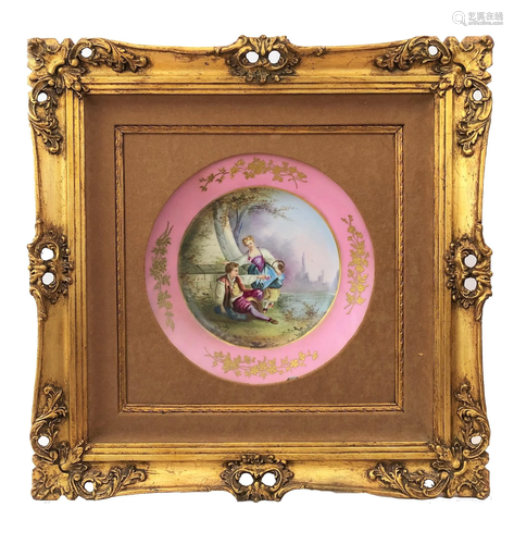 Antique sevres plate with wooden frame.