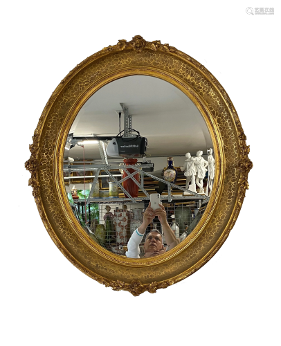 Large Gilt Gesso Wood Oval Hanging Mirror.