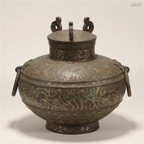 A CHINESE BRONZE KETTLE WITH GOLD AND SILVER INLAYS