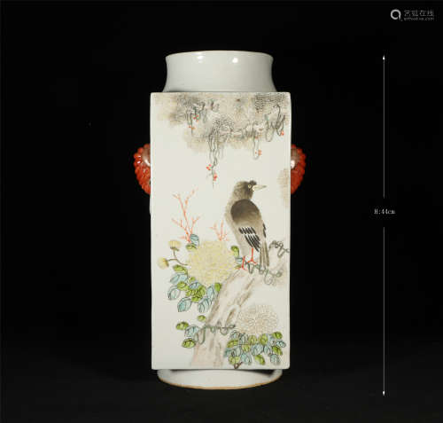 A CHINESE PORCELAIN SQUARE BIRD-AND-FLOWER VASE