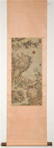 A CHINESE VERTICAL BIRD-AND-FLOWER PAINTING SCROLL