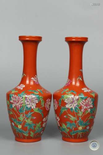 chinese coral-red glazed porcelain vases