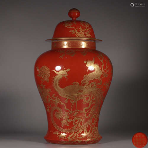 chinese coral-red glazed porcelain  general-shape jar