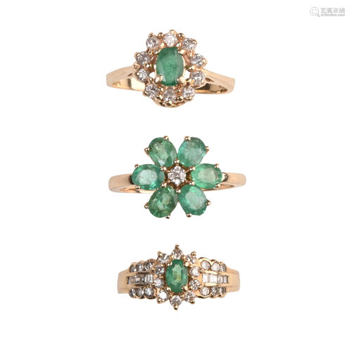 Collection of Three Emerald, Diamond, Yellow Gold