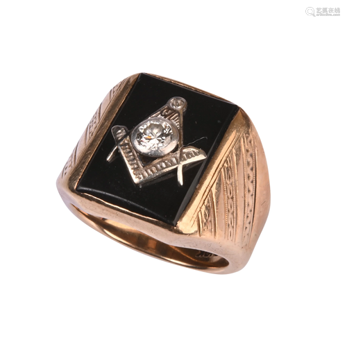 Men's Masonic Diamond, Black Onyx, 10k Yellow Gold