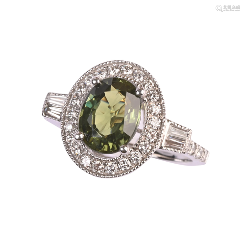 Green Sapphire, Diamond, Platinum Ring.