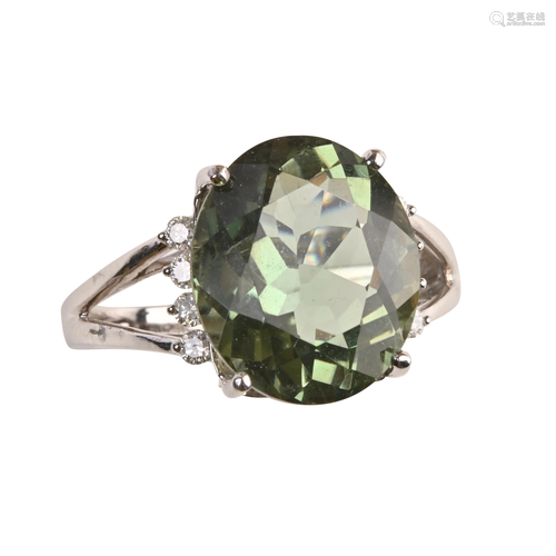 Green Quartz, Diamond, 14k White Gold Ring.