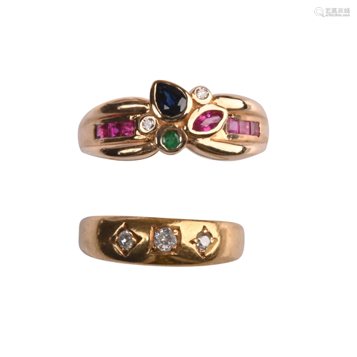 Collection of Two Multi-Stone, Diamond, Yellow Gold