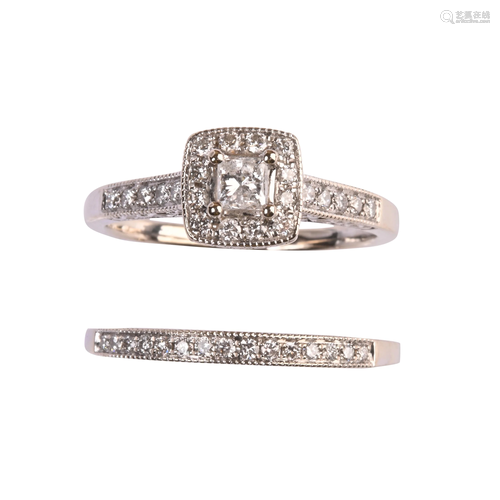 Diamond, 14k White Gold Wedding Ring Set.