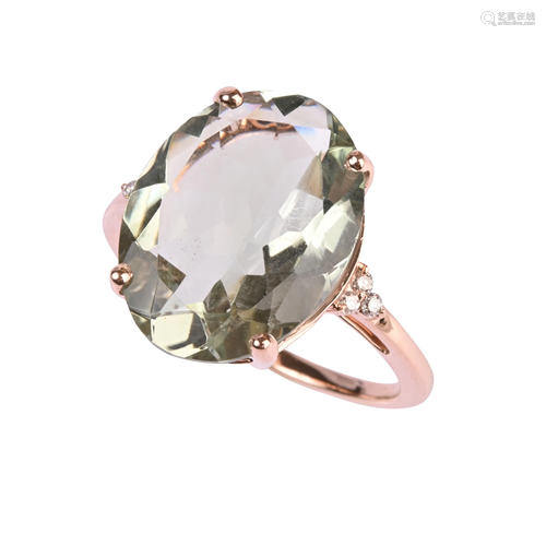 Green Quartz, Diamond, 14k Rose Gold Ring.