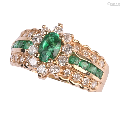 Emerald, Diamond, 14k Yellow Gold Ring.