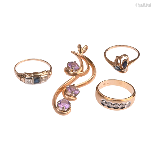 Collection of Four Multi-Stone, Diamond, Gold Jewelry