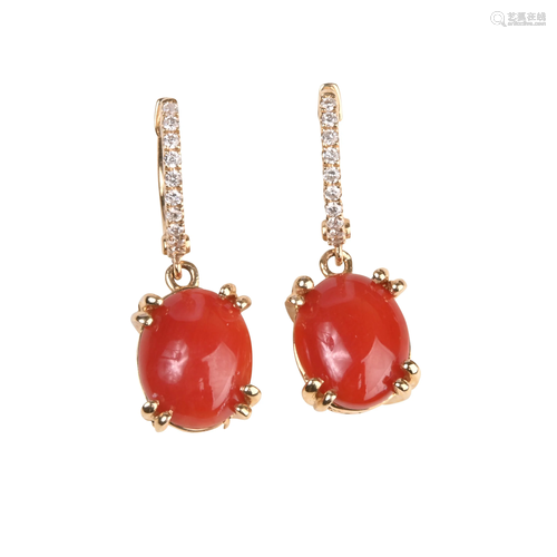 *Pair of Coral, Diamond, 14k Yellow Gold Earrings.