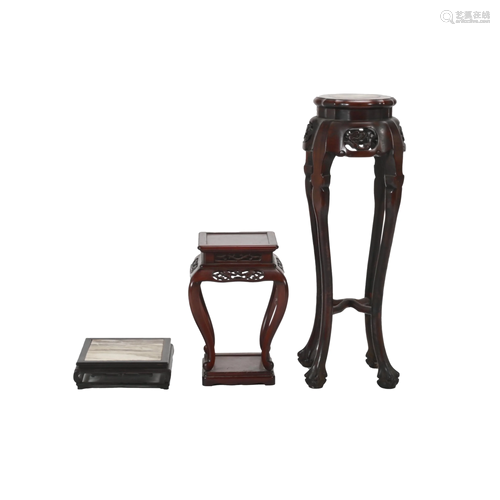 Two Rosewood Stands and a Marble Inlaid Base.