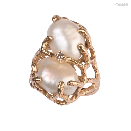 Cultured Pearl, Diamond, 14k Yellow Gold Ring.