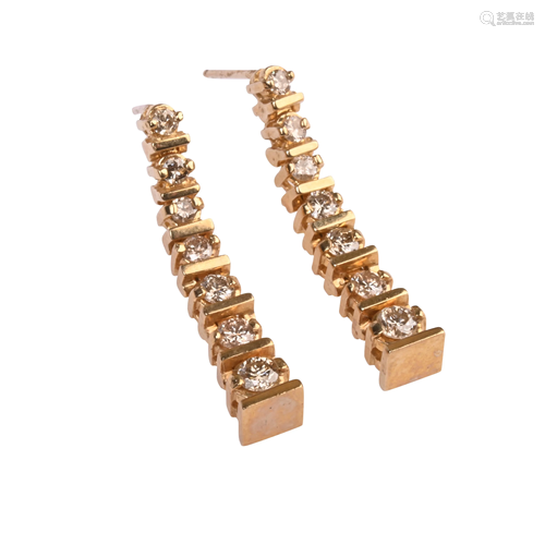 Pair of Diamond, 14k Yellow Gold Earrings.