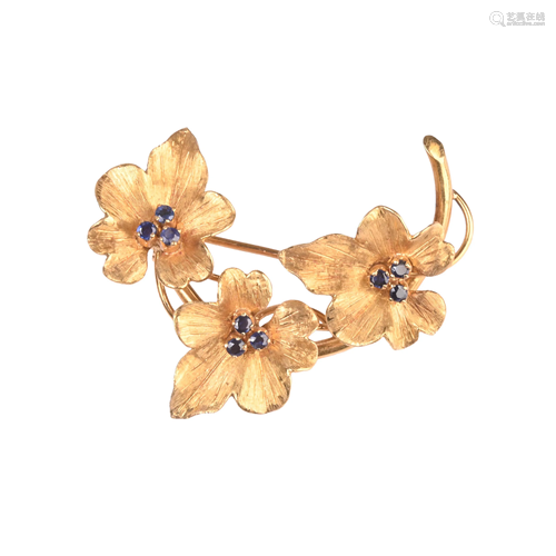 Sapphire, 18k Yellow Gold Floral Brooch.