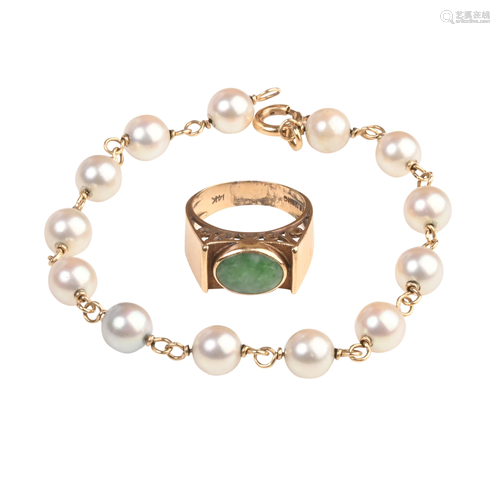 Jade, Cultured Pearl, 14k Yellow Gold Jewelry Suite.