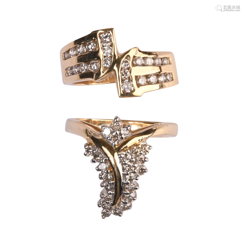 Collection of Two Diamond, 14k Yellow Gold Rings.