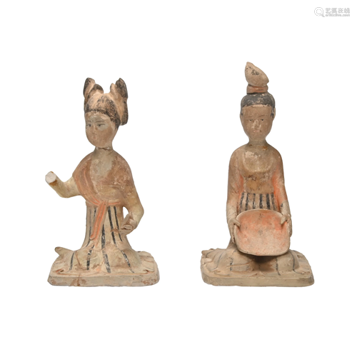 Two Tang Painted Pottery Figures of Maidens.