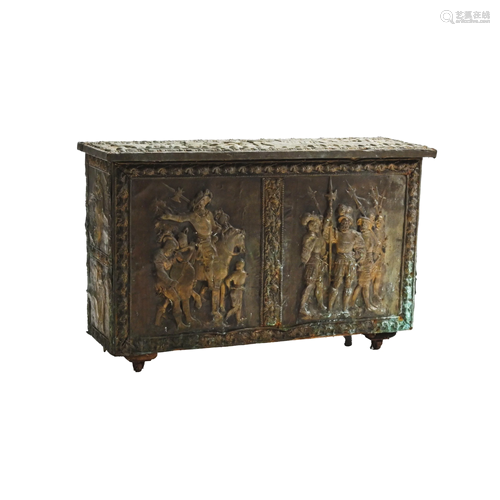 Renaissance Revival Carved Wood and Brass Overlay Box.