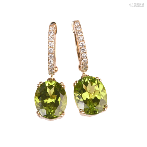 Pair of Peridot, Diamond, 14k Yellow Gold Earrings.