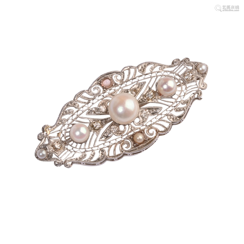 Cultured Pearl, Diamond, Platinum, White Gold Brooch.