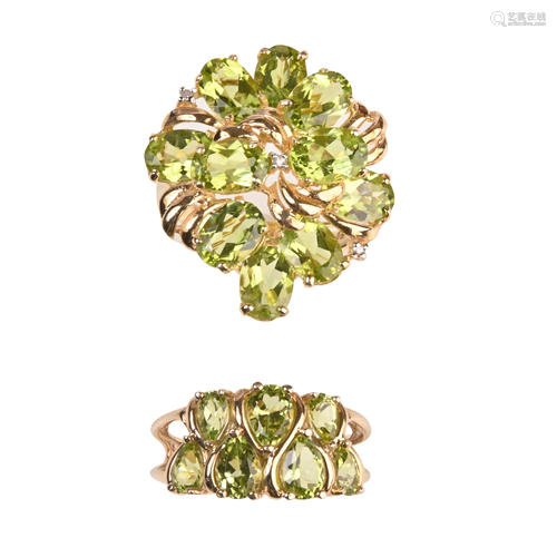 Collection of Two Peridot, Diamond, Yellow Gold Rings.